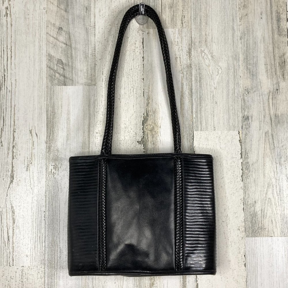 Kaela Womens Black Braided Leather Croc Tote Bag - Picture 2 of 8